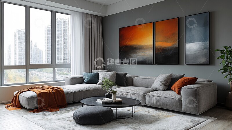 高清大图下载【趣麦麦图】灰沙发金属桌艺术墙2