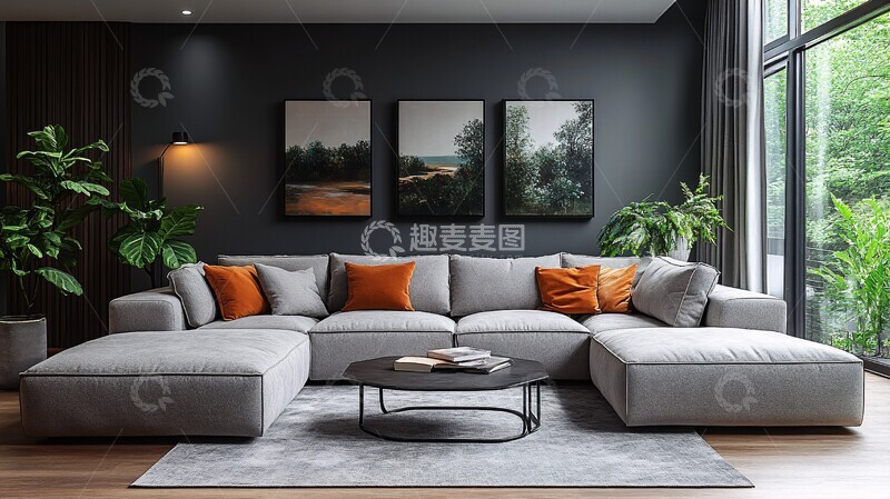 高清大图下载【趣麦麦图】灰沙发金属桌艺术墙3