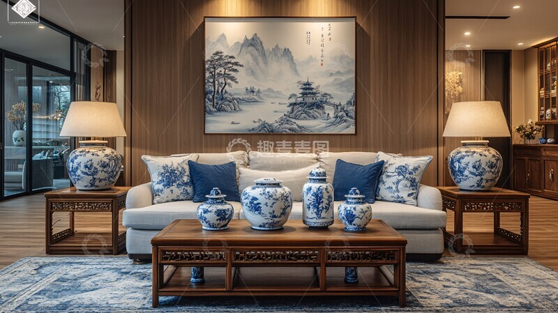 高清大图下载【趣麦麦图】红木沙发咖啡桌瓷器画