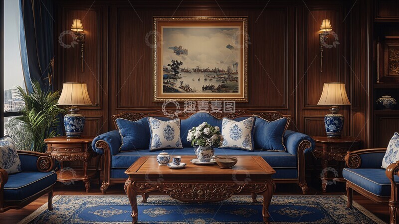 高清大图下载【趣麦麦图】红木沙发咖啡桌瓷器画1