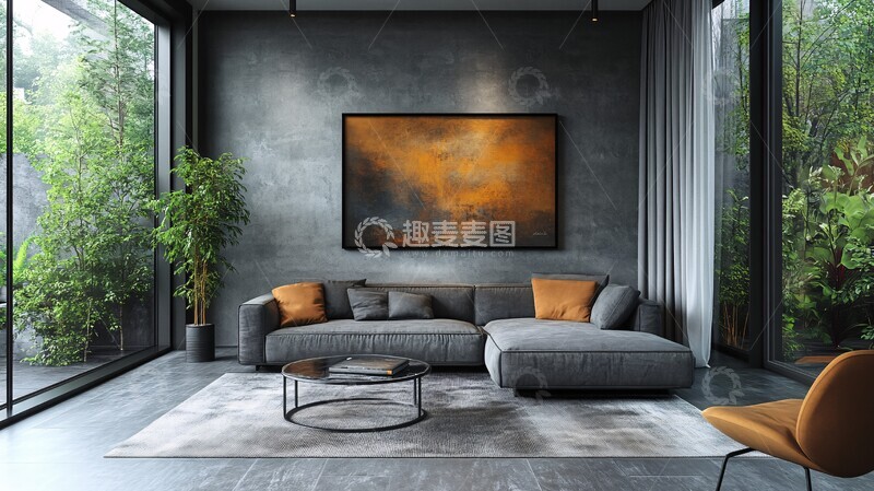 高清大图下载【趣麦麦图】灰沙发金属桌艺术墙1