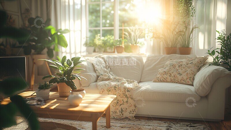 高清大图下载【趣麦麦图】白色沙发木桌花饰1