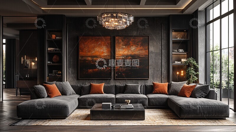 高清大图下载【趣麦麦图】灰色沙发现代客厅1