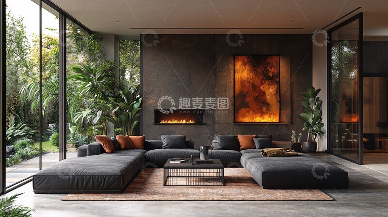 高清大图下载【趣麦麦图】黑色沙发现代客厅1