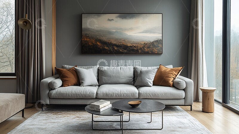 高清大图下载【趣麦麦图】灰沙发金属桌艺术墙
