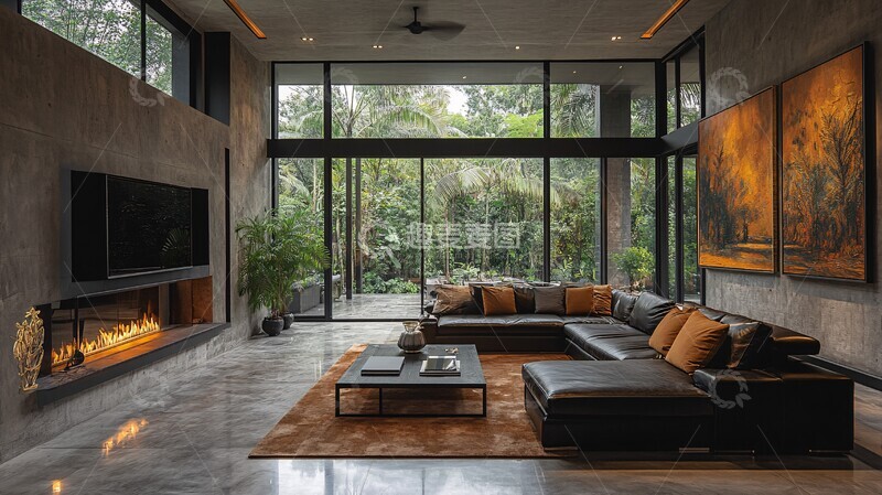 高清大图下载【趣麦麦图】-皮沙发金属桌吊灯