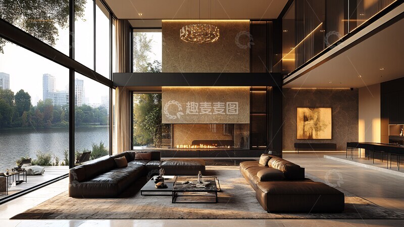 高清大图下载【趣麦麦图】-皮沙发金属桌吊灯3