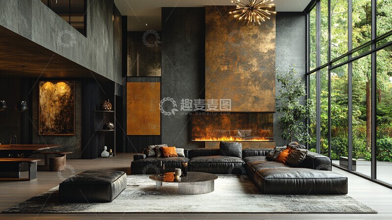 高清大图下载【趣麦麦图】-皮沙发金属桌吊灯1