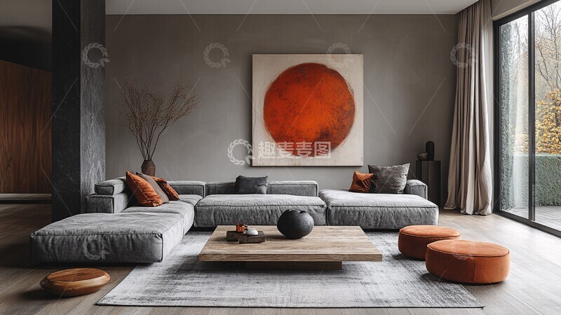 高清大图下载【趣麦麦图】灰色沙发木桌挂画2