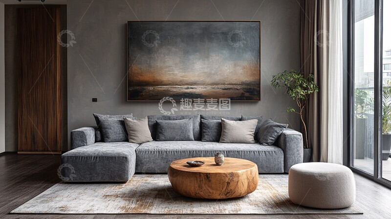 高清大图下载【趣麦麦图】灰色沙发木桌挂画