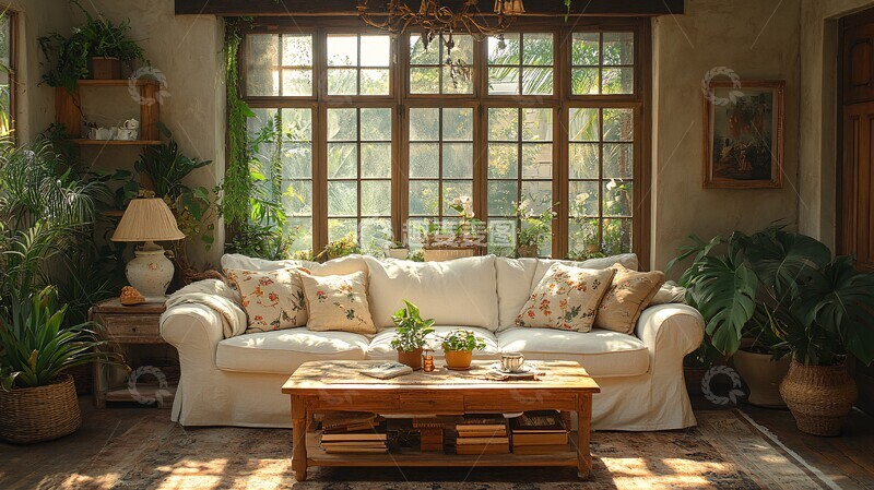 高清大图下载【趣麦麦图】-白色沙发木桌花艺装饰1