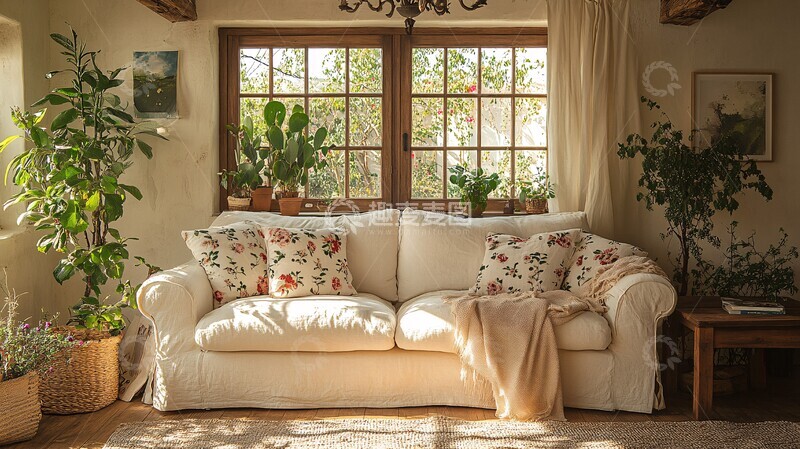 高清大图下载【趣麦麦图】-白色沙发木桌花艺装饰