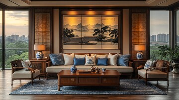 红木沙发青花瓷饰品