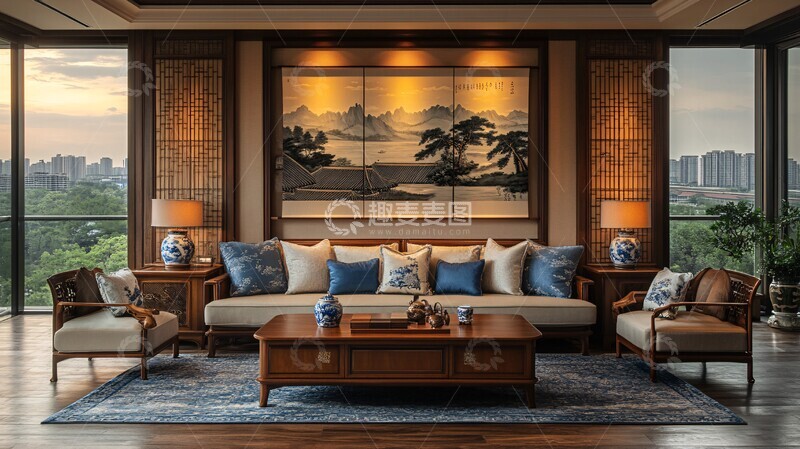 高清大图下载【趣麦麦图】-红木沙发青花瓷饰品