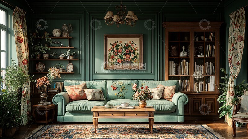 高清大图下载【趣麦麦图】绿色沙发木质茶桌1