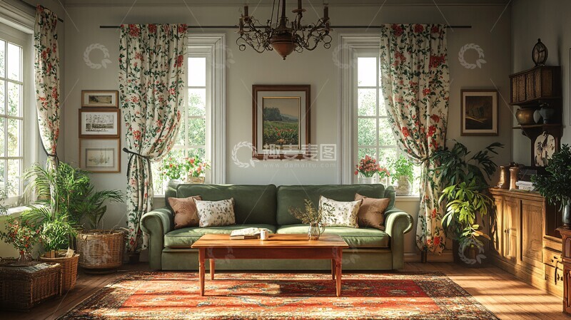 高清大图下载【趣麦麦图】绿色沙发木质茶桌
