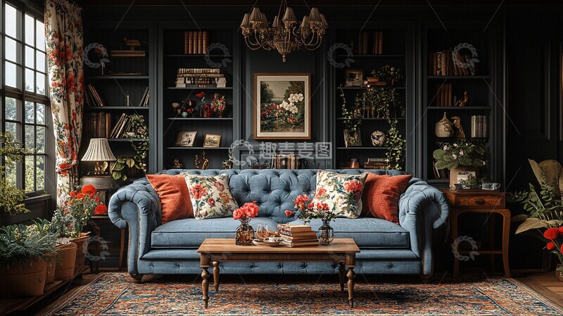 高清大图下载【趣麦麦图】蓝色沙发木桌花帘