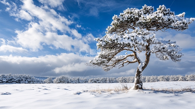 高清大图下载【趣麦麦图】积雪覆盖草原一棵松树