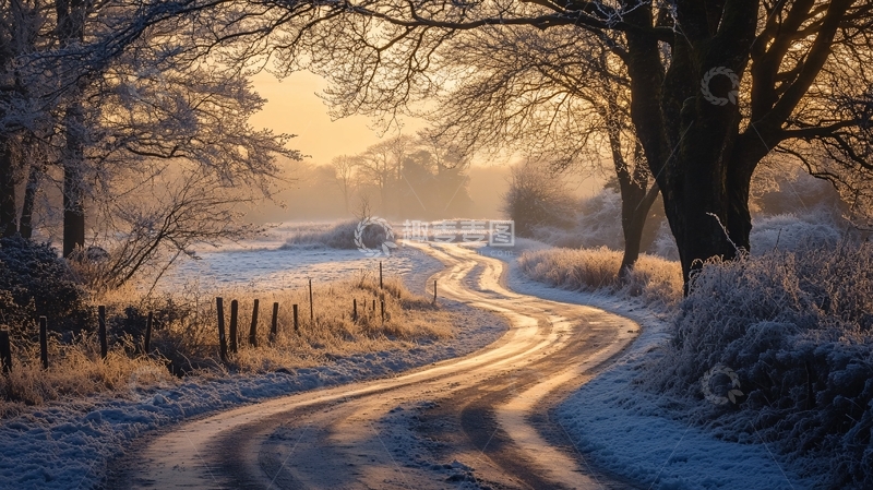 高清大图下载【趣麦麦图】冬季冰雪乡村小路图片