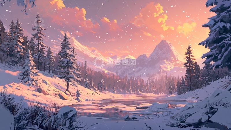 高清大图下载【趣麦麦图】冬天森林夕阳雪景14