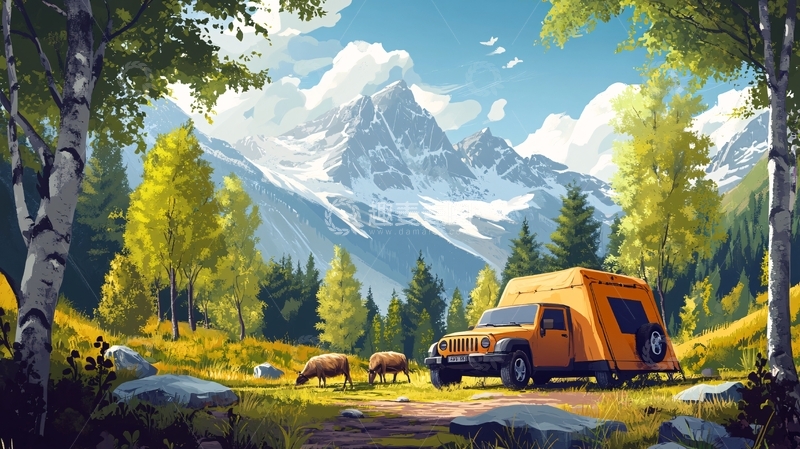 高清大图下载【趣麦麦图】露营地房车插画