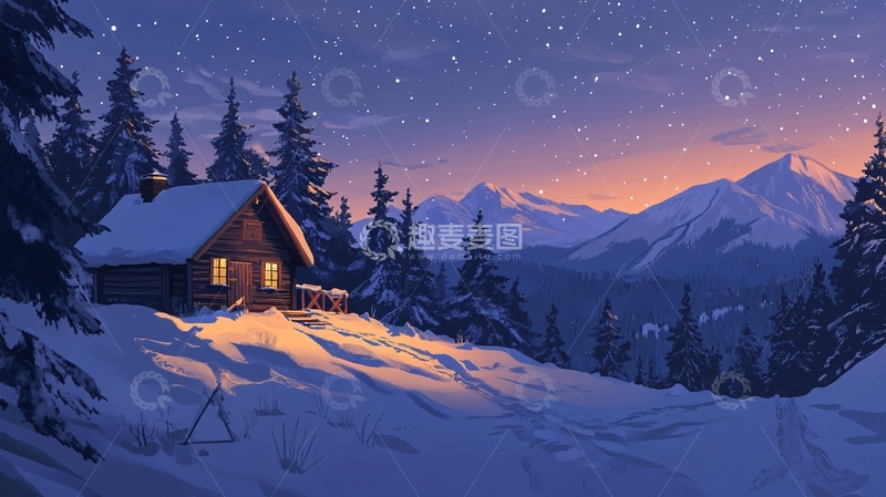 高清大图下载【趣麦麦图】山峦小屋雪景3