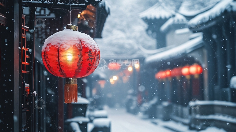 高清大图下载【趣麦麦图】飘雪的红灯笼1