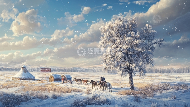 高清大图下载【趣麦麦图】冬季草原马群蒙古包