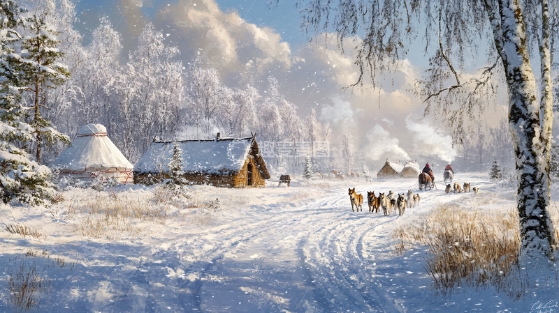 高清大图下载【趣麦麦图】雪地骏马白桦林1