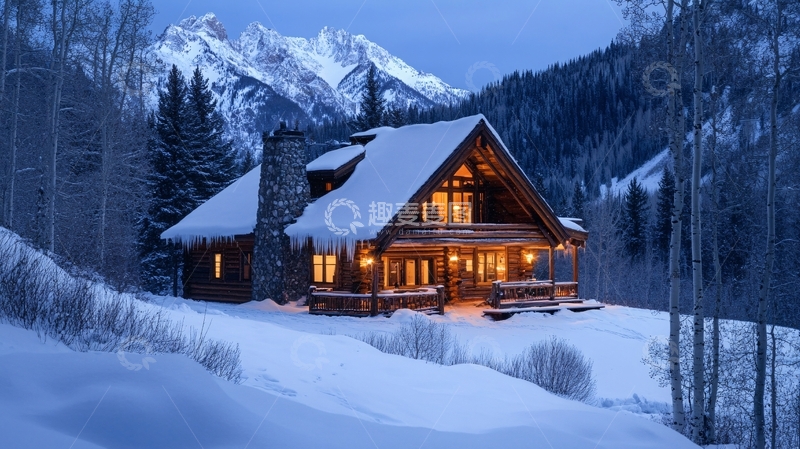 高清大图下载【趣麦麦图】雪山木屋图