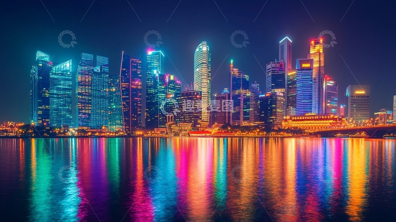 高清大图下载【趣麦麦图】湖边高楼霓虹夜色1