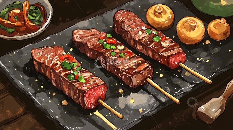高清大图下载【趣麦麦图】牛肉串插画