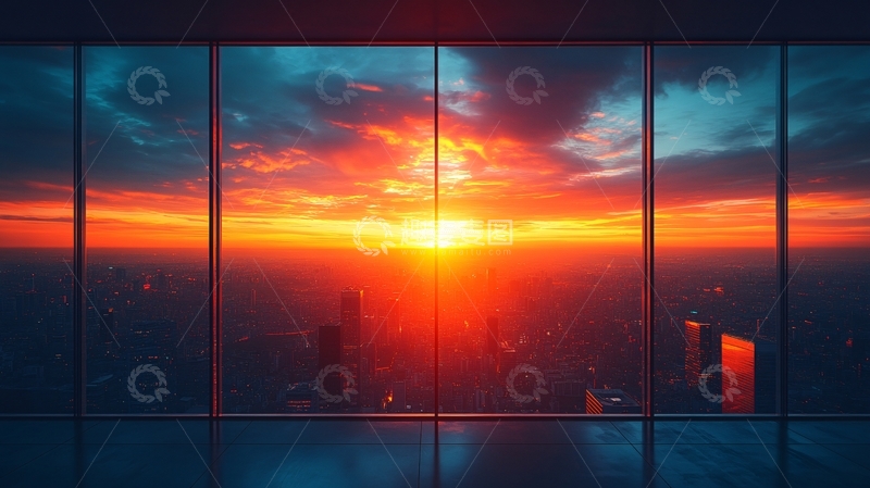 高清大图下载【趣麦麦图】透过窗户看城市落日