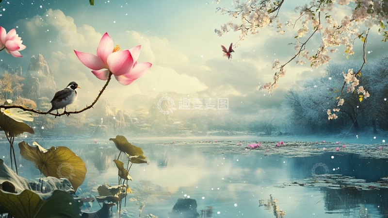 高清大图下载【趣麦麦图】荷花飞鸟山水1