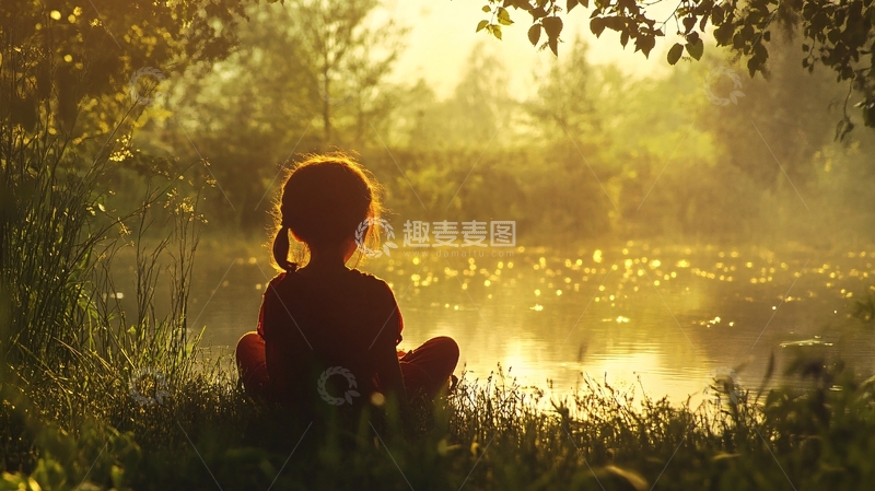 高清大图下载【趣麦麦图】霞光中的小女孩1