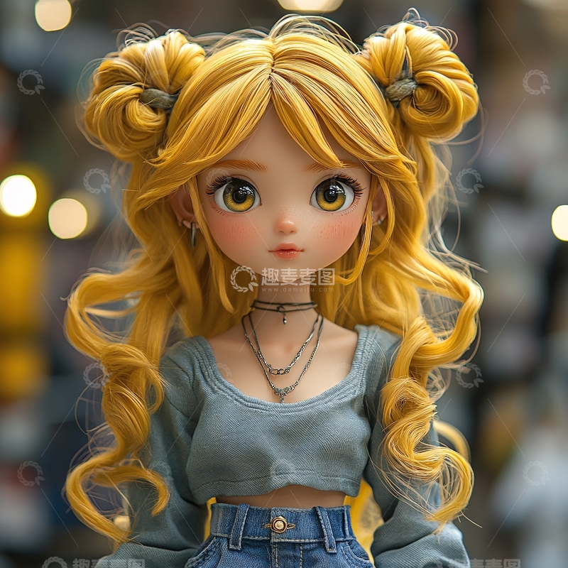 高清大图下载【趣麦麦图】黄色长发女孩玩偶模型
