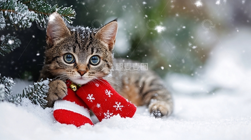 高清大图下载【趣麦麦图】雪地中的猫咪