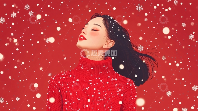 高清大图下载【趣麦麦图】雪中红衣女孩