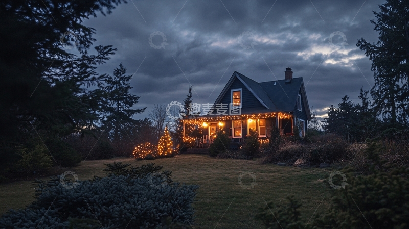 高清大图下载【趣麦麦图】森林小木屋夜景1