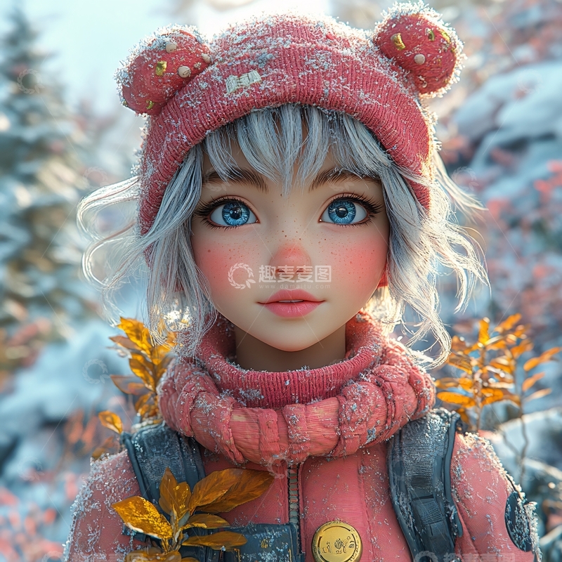 高清大图下载【趣麦麦图】粉金短发女孩蘑菇帽