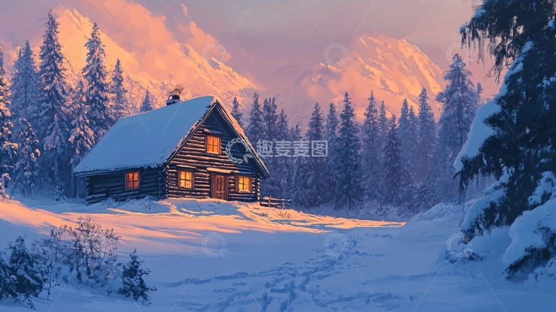 高清大图下载【趣麦麦图】山峦小屋雪景4