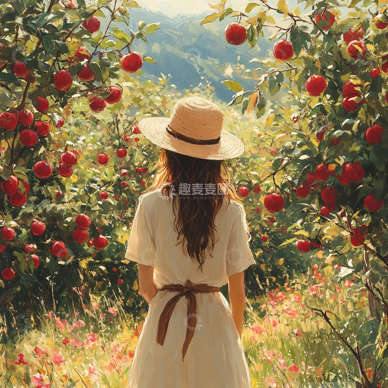 高清大图下载【趣麦麦图】摘苹果的女孩