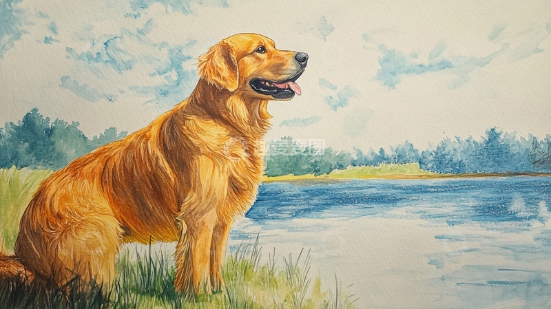 高清大图下载【趣麦麦图】金毛水粉画