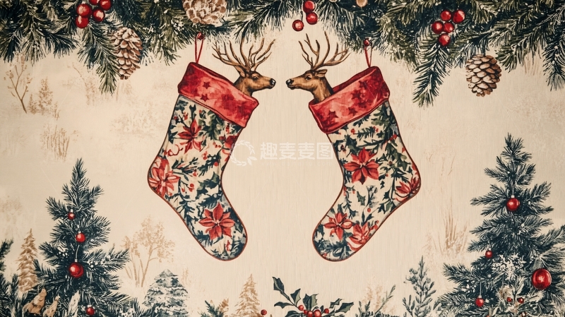 高清大图下载【趣麦麦图】圣诞袜子树礼物祝福