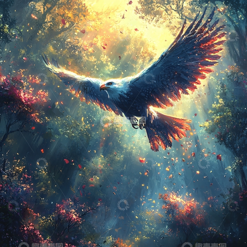 高清大图下载【趣麦麦图】手绘鹰森林装饰画