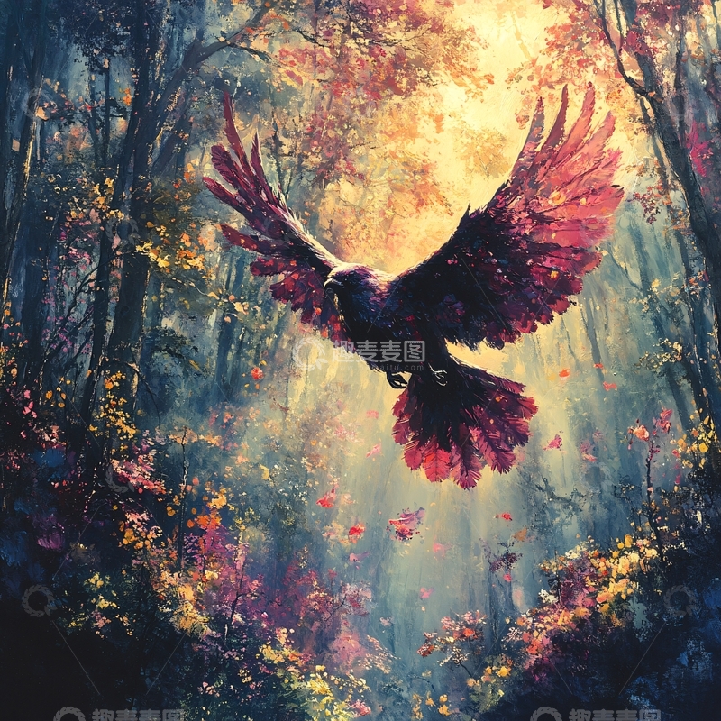 高清大图下载【趣麦麦图】手绘鹰森林装饰画2