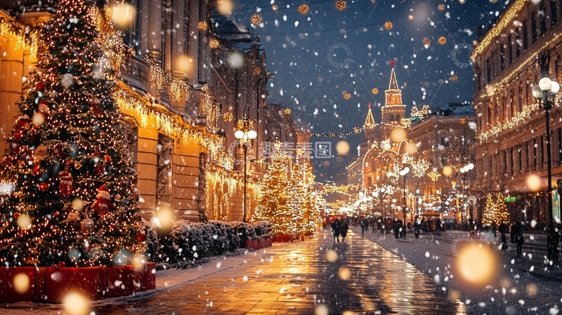高清大图下载【趣麦麦图】街道上的圣诞节冬天下雪