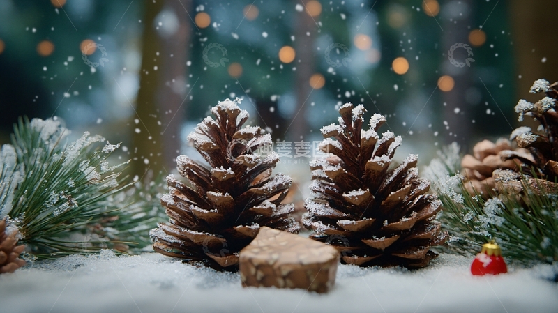 高清大图下载【趣麦麦图】雪地上的松塔1