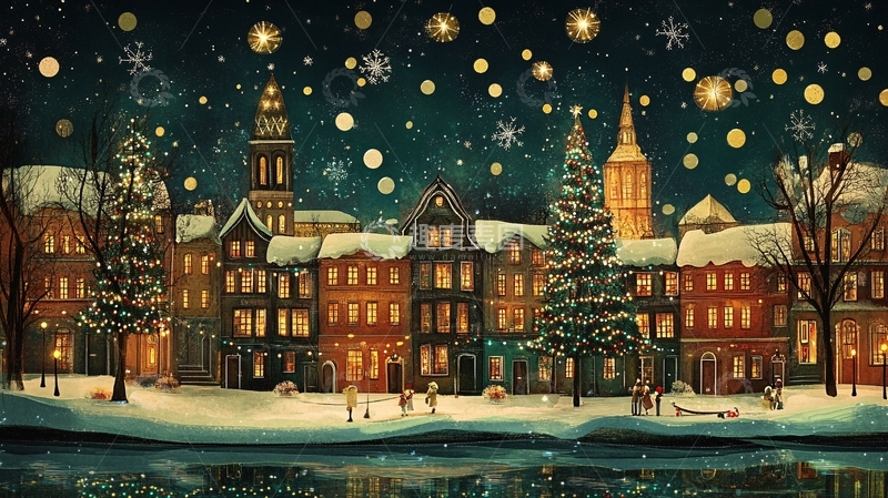 高清大图下载【趣麦麦图】房屋街道圣诞节雪景5