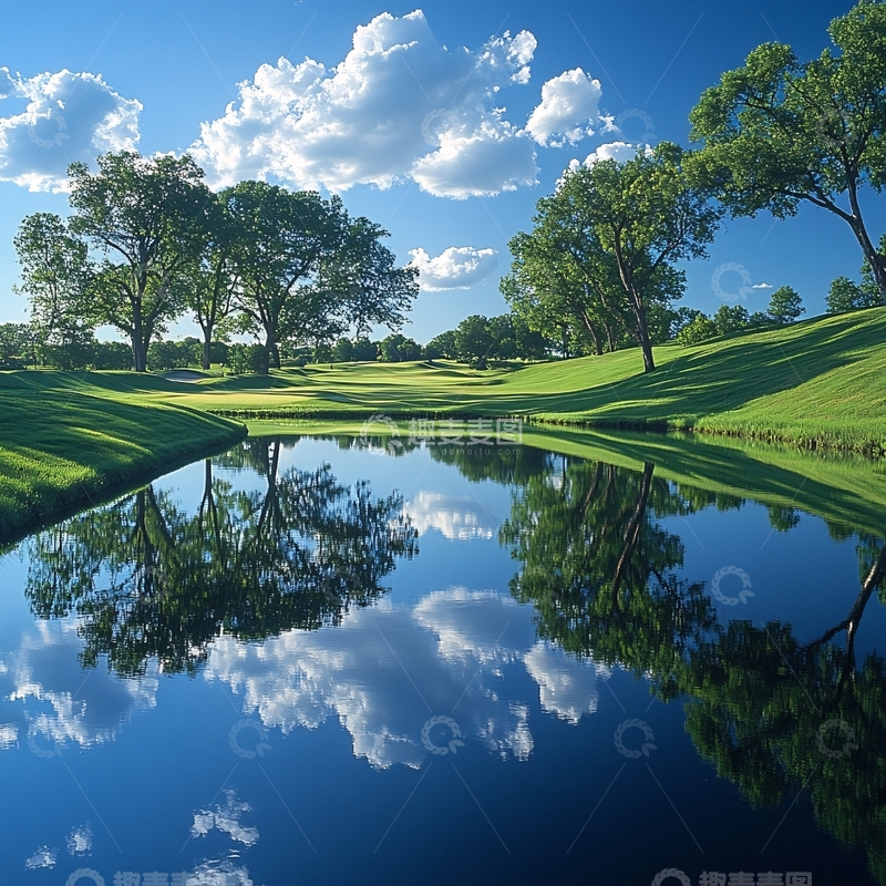 高清大图下载【趣麦麦图】蓝天白云山林高尔夫
